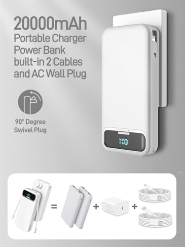 Ultimate 20,000 m Ah Portable Charger with Built-in Cables & AC Plug – Super Fast PD20 W & SCP22.5 W USB-C Power Bank for Quick Device Charging – LED Display & Universal Compatibility for i Phone, Samsung & More – Essential Travel Accessory for On-the-Go Power Solutions