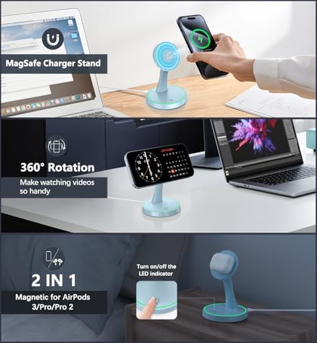 Efficient Magnetic Wireless Charging Stand – 15 W Fast Mag Safe Charger for i Phone 16 Series & Earlier, Sleep-Friendly Indicator Light, Sleek Design, Enhanced Compatibility & Quick Charge for Air Pods – Ultimate Cordless Convenience