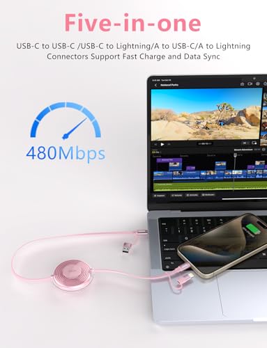 Opluz 100 W Pink Retractable USB C and Lightning Charging Cable – Dual Connector Fast Charging Solution for i Phone and Galaxy – Tangle-Free Design for Car and Travel – Enhanced Compatibility with Car Play and Android Auto