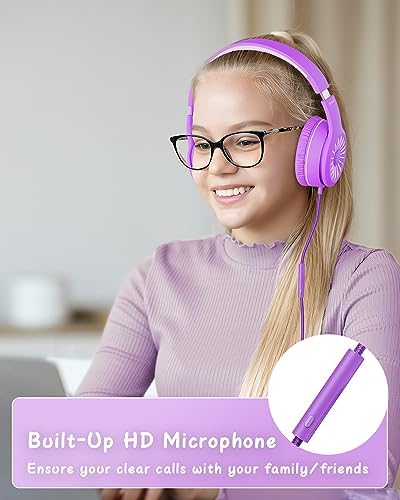 K16 Kids’ Foldable Wired Headphones with Microphone – Lightweight On-Ear Stereo Bass Design in Vibrant Pink and Red for School, Gaming, and Tablet Use – Compatible with Kindle, Chromebook & More – Durable Comfort for All-Day Listening