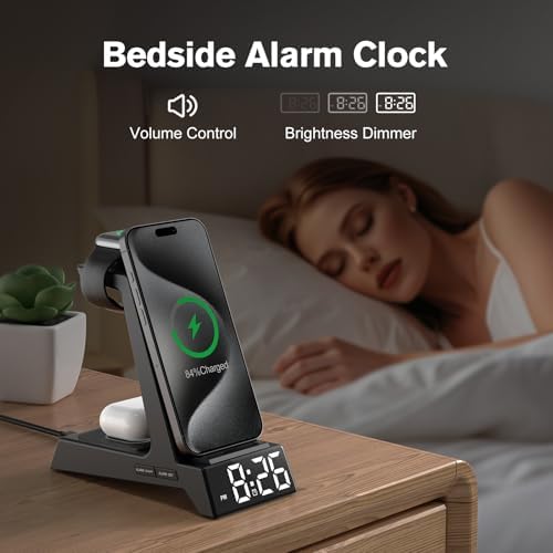 Revolutionary 3-in-1 Wireless Charging Station with LED Alarm Clock – Simultaneous Charging for i Phone 16-11 Pro Max, Apple Watch Series 10-5, and Air Pods Pro 4-2 – Space-Saving Nightstand Dock with Adjustable Brightness, Phone Case Compatibility, and Enhanced Safety Features – Perfect for Home, Office, and Travel
