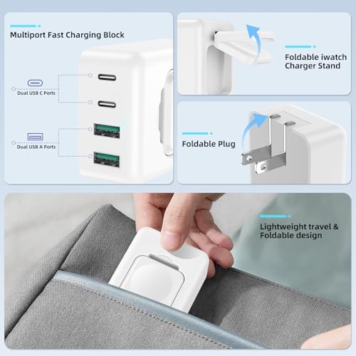 Ultra-Fast 43 W USB C Multiport Charger with Foldable Magnetic i Watch Dock – Superior Charging Solution for i Phone 16/15/14/13/12/Pro Max/8/7, Tablets, and Samsung Devices – Compact, Portable, and Highly Compatible Power Adapter for On-the-Go Charging Needs