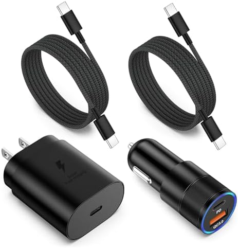 Excgood 25 W Fast Charging Car Charger with Dual 6 ft Braided USB-C Cables – High-Speed Wall Adapter for Samsung Galaxy S25 Ultra, S24, S23 FE & Android Devices, Compact & Travel-Friendly, Enhanced Safety Features for Optimal Performance