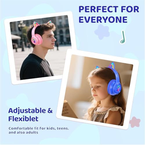 MIDOLA Cat Ear Bluetooth 5.3 Wireless Headphones for Kids – 60-Hour Playtime, Fun LED Illumination, Travel-Friendly Foldable Design with Integrated Microphone – Ideal for Music, Gaming, and Movies on the Move in Stylish Blue