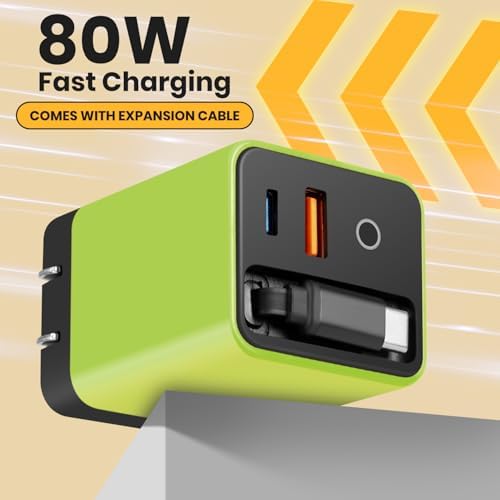 Ultimate 80 W Ga N Fast Charger Module: Versatile 3-in-1 Travel Charging Solution with Type-C Cable & Dual USB Ports for i Phone 15/14, Samsung Galaxy, Mac Book, and More – Compact & Stylish Yellow Power Hub for Maximum Device Compatibility and Speed Efficiency