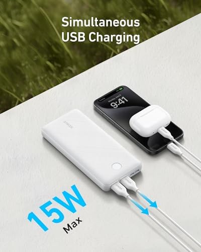 Anker Power Core Essential 20 K Portable Charger – 20,000 m Ah High-Capacity Power Bank with 15 W Fast Charging, Dual USB-A Outputs, USB-C Input/Output for i Phone, Air Pods, and More – Ultimate Travel Companion for Uninterrupted Connectivity
