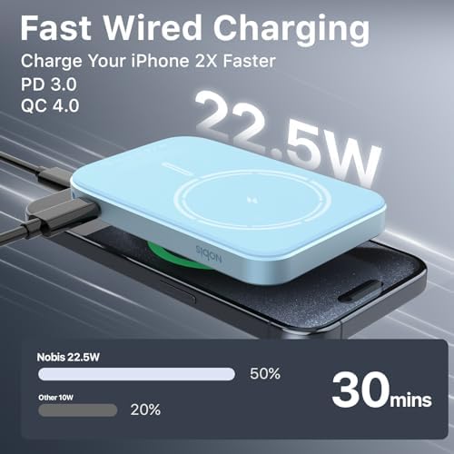 NOBIS 5000 m Ah Slim Magnetic Power Bank with Built-In USB-C Cable – Wireless Portable Charger for Quick Charge 3.0 and Mag Safe Compatibility – 22.5 W Fast Charging Solution for Android and i Phone Users on the Go