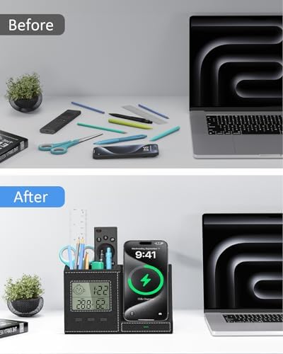 Multi-Functional Desk Organizer with Wireless Charging, Digital Thermometer & Humidity Monitor – Stylish Brown Pen Holder for Home Office Efficiency and Clutter-Free Workspace