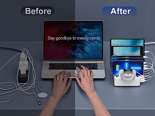 Ultimate 6-in-1 Multi-Device Charging Station – 50 W Fast Charging Dock with Universal Compatibility for i Phone, i Pad, Smartphones & Tablets – Sleek Organizer with Mixed Cables for Efficient Power Delivery and Clutter-Free Workspace