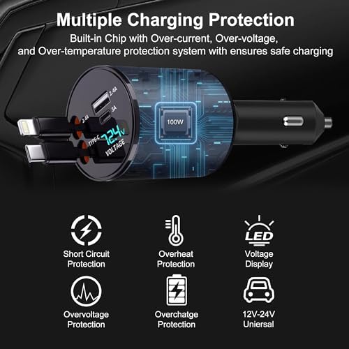 Fast Charge 4-in-1 Retractable USB C Car Charger Adapter – 100 W Power Delivery for i Phone 15 Pro Max, 14, 13, 12 – Tangle-Free Convenience, Enhanced Compatibility, and Safety Features – Ideal for Road Trips and Family Adventures