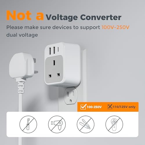 TESSAN Universal Type G UK Travel Adapter with 3 USB Ports & USB-C Charger – Effortless US to UK Plug Conversion for Global Travelers to England, Ireland, Qatar, Hong Kong, Dubai, and More – Compact Power Solution for Fast and Safe Device Charging