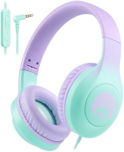 Rockpapa C24 Foldable Kids Headphones with Microphone – Lightweight Wired Audio Solution in Eye-Catching Purple & Green for School, Travel, and Play – Ideal for Young Listeners with Enhanced Compatibility and Superior Portability
