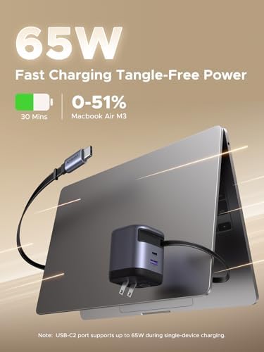 UGREEN 65 W Retractable USB-C Charger Block with Built-in Cable – Dual Port Ga N Fast Charging Solution for i Phone 16/15/14, Galaxy S25/S24, Pixel 9 Pro/8/7, Mac Book Pro/Air, i Pad, and Air Pods – Streamlined Power for All Your Devices