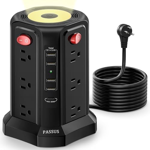 PASSUS Surge Protector Power Strip Tower with 12 AC Outlets and 5 High-Speed USB Ports – 10 FT Extension Cord with Overload Protection and Built-In Night Light for Home Office and Dorm Room – Sleek Black Design for Ultimate Charging Efficiency