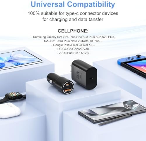 Samsung 25 W Super Fast Charger Type C Kit – Ultimate USB C Wall & Car Charging Solution for Galaxy S25/S24/S23/S22/Plus/Ultra/FE/Note 20/10/A71 with 2 Durable 6.6 ft Cables for Rapid Power Delivery and Versatile Compatibility