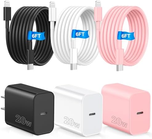 i Phone 14 Fast Charging Power Pack – 3 x 20 W PD USB C Charger Blocks + 3 x 6 FT Lightning Cables in Black, Pink, and White – Ultimate Compatibility for i Phone 14/13/12/11 Models – Rapid Charge & Extended Length for Efficient Use – Premium Quality with Overcurrent Protection