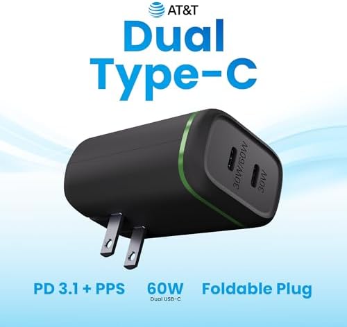 AT&T 60 W Dual USB-C Power Delivery Wall Charger – Efficient Rapid Charging for Smartphones, Tablets, and Laptops with Safety Features – Compact & Portable Dual Device Adapter for Home and Office Use