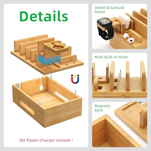 Eco-Friendly Bamboo Charging Station: Multi-Device Organizer Dock for Phones, Tablets, Smartwatches & Earbuds – Includes 6 Cables for Enhanced Compatibility & Fast Charging – Stylish Desk Accessory for Tidy Workspaces
