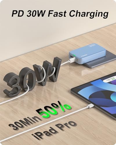 Sleek Light Blue 30 W Dual-Port USB Wall Charger – Ultra-Fast Charging for i Pad Pro, i Phone 12/14/15 & Galaxy S22 – Compact & Travel-Friendly Design with Advanced Safety Features for Effortless Connectivity