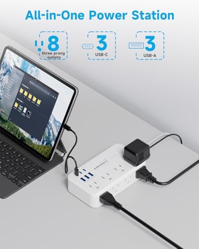 Maximize Your Charging Efficiency with the 2800 Joules Surge Protector Power Strip – 8 AC Outlets & 6 Fast-Charging USB Ports (4.8 A/24 W) for i Phone 15, 5 ft Flat Extension Cord & Wall Mount Design – Perfect for Home, Office & Travel Needs