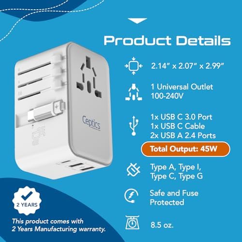Universal Travel Power Adapter with 45 W PD Retractable USB-C Cable – Ultimate Multi-Device Charger for Global Use – Compatible with Laptops, Smartphones & Cameras – Essential Travel Accessory for US, EU & UK Adventures – Compact Design for Hassle-Free Charging