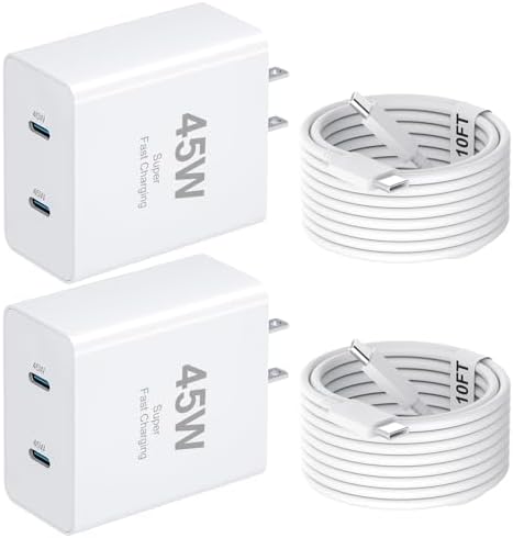Power Up Fast: 45 W Dual-Port USB-C Charger with 10 FT Type C Cable – Ideal for i Phone 16 Pro Max, i Pad Pro, Galaxy S24/S23/S22 Ultra – Efficient Simultaneous Charging and Travel-Ready Design for Ultimate Convenience and Versatile Compatibility