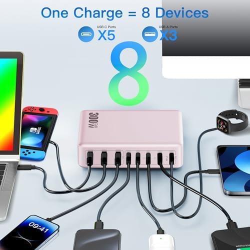 High-Power 300 W USB C Charging Hub – 8-Port Ga N III Fast Charger for Mac Book Pro, Dell, i Phone 16/15/14, Galaxy S23/22 – Ultimate Multi-Device Charging Station for Home and Travel with PD Compatibility