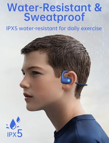 Ultra-Lightweight Kids Bluetooth Headphones – Vibrant Blue Air Conduction Design with IPX5 Waterproofing, 15-Hour Playtime, and Safe Listening Technology for School and Outdoor Fun – Perfect for Active Kids and Young Adventurers