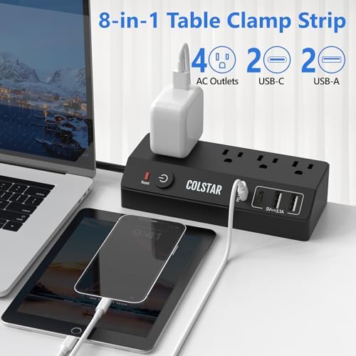 Revolutionize Your Workspace with the Desk Clamp Power Strip Featuring 4 AC Outlets and 4 USB Ports, Including PD 20 W Fast Charging – 10 FT Extension Cord for Ultimate Flexibility, Surge Protection, and Sleek Design for Office Efficiency in White