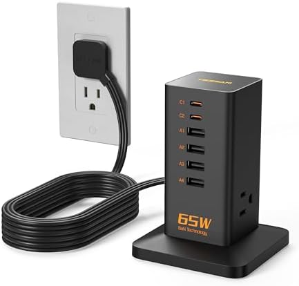 TESSAN 30 W 9-in-1 Multi-Device Charging Station with Surge Protection – Ultimate Charger Block for i Phone 16/15/14/13, Tablets, and Earphones – 5 ft Flat Extension Cord with 4 USB A & 2 USB C Ports – Compact Design for Home, Office, or Dorm – Enhanced Safety and Efficiency