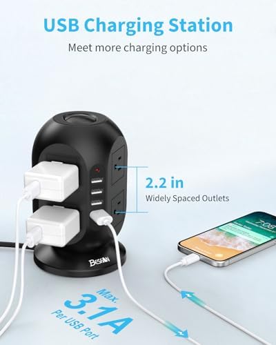 Ultimate Surge Protector Power Strip Tower: 8 AC Outlets, 4 USB Ports (Including 1 USB-C), 10 ft Flat Extension Cord – Versatile Charging Station for Home, Office or Dorm Use – Space-Saving Design with Advanced Surge Protection and Fast Charging Capabilities