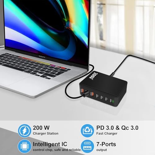 200 W Ga N 7-Port USB Fast Charger Hub – High-Speed Multi-Device Power Adapter for Mac Book, i Phone 15/16, DELL, and i Pads – Compact Charging Station with Smart Charging Technology for Enhanced Compatibility and Efficiency