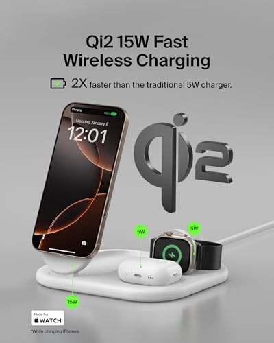 Revolutionize Your Charging Experience with the Belkin 2-in-1 Magnetic Foldable Charger – 15 W Qi2-Certified Wireless Power for Apple i Phone 16 & Samsung Galaxy S25 with Non-Slip Stability – Sleek White Design for Home, Office & Travel – PSU Included for Instant Use and Enhanced Device Compatibility