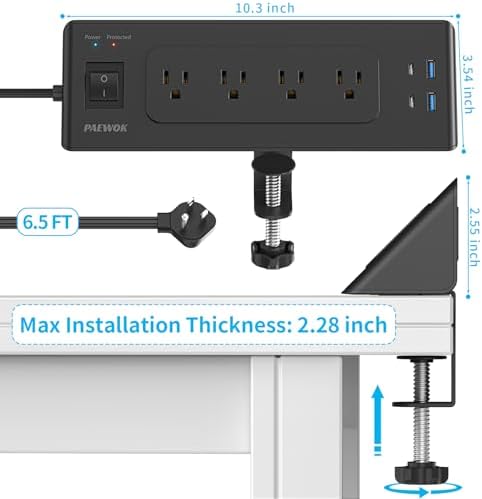 Maximize Your Workspace with Our Desk Clamp Power Strip Featuring USB C – 4 Outlets, 4 USB Ports, and 6.5 ft Flat Plug Extension Cord for Effortless Charging – Secure, Space-Saving Surge Protector for Tabletops Up to 2.2 Inches Thick, Sleek Black Finish Ideal for Home and Office Use, Enhanced Charging Speed and Device Compatibility
