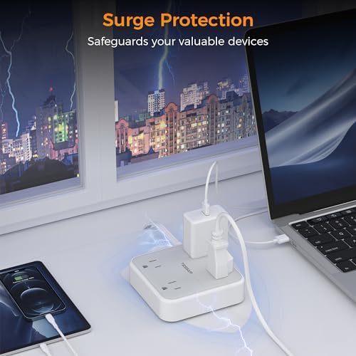 TESSAN 5 FT Flat Extension Cord Surge Protector – 4 Outlet Power Strip with 3 USB C Ports (1 USB C) for Fast Charging, 900 Joules Electronics Protection, Space-Saving Design for Home, Office, and Dorm Use, Enhanced Compatibility and Efficiency