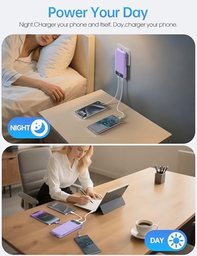 Ultra-Compact 12000 m Ah Power Bank with Built-in Charging Cables & AC Plug – 20 W PD Fast Charging for i Phone, Samsung, Android, USB-C Devices – Travel-Friendly External Battery Pack in Purple – Unmatched Portability and Efficiency for On-the-Go Charging Solutions