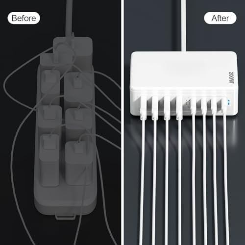 Advanced 200 W Ga N IV USB-C Fast Charging Station – 8-Port Multi-Device Power Hub for Laptops & Smartphones – PD 65 W Mac Book Pro/Air & DELL Charger – Compact, Portable & Efficient Charging Solution for i Phone 16/15/14 & Galaxy S25/24 – Ultimate Power Delivery & Enhanced Compatibility