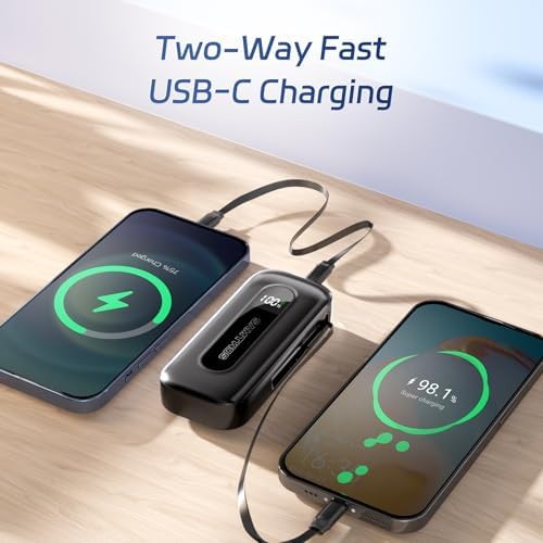 Compact 10,000 m Ah Power Bank with Retractable USB-C Cable – 30 W Fast Charging Portable Charger for i Phone 15/16, Galaxy, and i Pad – Smart LED Display for Travel Convenience and Enhanced Compatibility