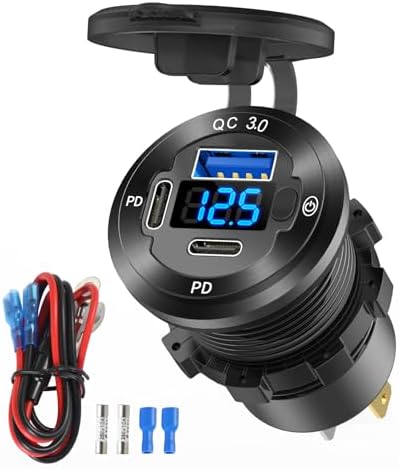 High-Performance 2 Pack 12 V USB Outlet Car Charger Socket – Triple Port Aluminum Fast Charging Adapter with 30 W Dual PD USB-C and Quick Charge 3.0, Waterproof Design with Built-in Voltmeter & Power Control for Marine, RV, Motorcycle, and Truck Applications – Ultimate Durability and Versatile Compatibility for All Devices