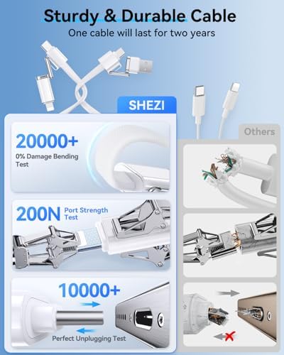 SHEZI 4-in-1 USB C to Lightning Charging Cable – 60 W Fast Charge & Data Sync for i Phone, i Pad, Samsung & Mac Book – 5 FT Multi-Device Travel Charger, Compatible with Apple Car Play & Android Auto, Durable White Design for Ultimate Versatility