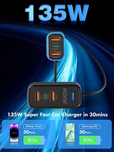 High-Performance Multi-Port Car USB Charger – 135 W Fast Charging with PD 45 W & QC3.0 30 W, Ideal for i Phone 16, 15 Pro Max, i Pad, Samsung S24/S23, Includes 5 FT Cable for Enhanced Flexibility and Compatibility on Road Trips