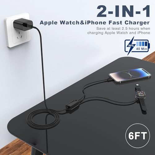 Upgrade Your Charging Efficiency with the 2-in-1 Fast Charger for Apple Devices – 6 FT USB C Cable & 20 W Wall Adapter, Compatible with Apple Watch Series 8/7/6/5/SE and i Phone 14, Sleek Black Design for Ultimate Convenience and Speed