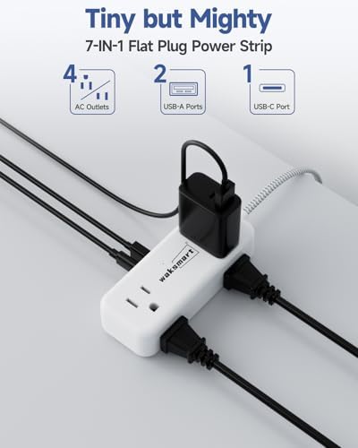 Sleek Flat Plug Power Strip with 5 Ft Extension Cord – 4 AC Outlets & 3 Fast-Charging USB Ports (5 V/3.4 A) – Compact Travel-Friendly Power Solution for College Dorms, Home Offices, and On-the-Go Charging – Maximize Space and Connectivity