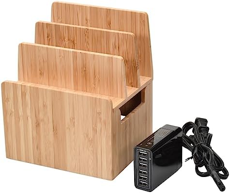 Eco-Friendly Bamboo Multi-Device Charging Station with 6-USB Hub – Universal Organizer for Smartphones, Tablets, and Laptops – Fast Charging Power Supply for a Clutter-Free Workspace