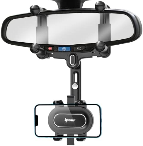 IPOW 2023 Upgraded Large Car Rearview Mirror Phone Holder – 360° Rotatable, Retractable, and Anti-Shake Design for Ultimate Smartphone Compatibility – Enhance Driving Safety and Convenience with Easy Installation and Secure Grip