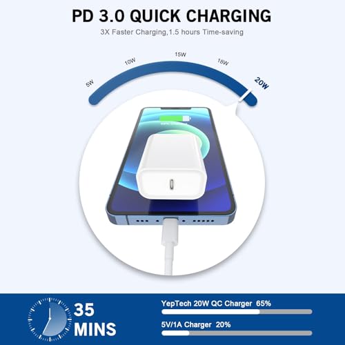 20 W Apple MFi Certified i Phone Fast Charger with 3.3 ft Lightning Cable – High-Speed USB Type C Power Delivery Block for i Phone 13 Pro Max, Mini, 12 Pro, 11, XS, X, XR – Compact, Durable, and Efficient Charging Solution for On-the-Go Users