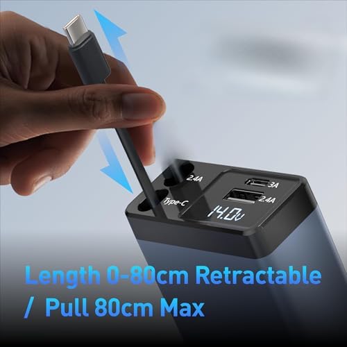 High-Performance 120 W Retractable Car Charger Adapter – Fast Charging Solution with 2.6 ft Cables, 180° Adjustable Design, and Real-Time Voltage Display for Ultimate Device Compatibility and Convenience
