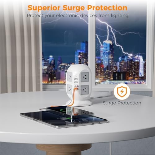 TESSAN Tower Surge Protector Power Strip – 10 ft Flat Extension Cord with 8 AC Outlets & 4 USB Ports (1 USB-C) – Compact Charging Station with Advanced Surge Protection for Home Office & Dorm Use – Optimal Device Safety & Versatile Compatibility