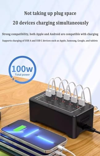 Ultimate 100 W USB C Charger Block – 20-Port Multiport Hub for Fast Charging Apple i Phone, i Pad, and Samsung Galaxy Devices – Compact Desktop Solution with Enhanced Safety Features and Rapid Device Compatibility
