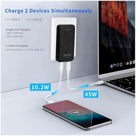 Sleek 65 W Ga N USB-C Wall Charger – Dual Fast Charging Ports for Laptops, Tablets & Phones – Travel-Friendly Compact Design with PPS for Optimal Charging Speed – Versatile Black Finish for On-the-Go Efficiency
